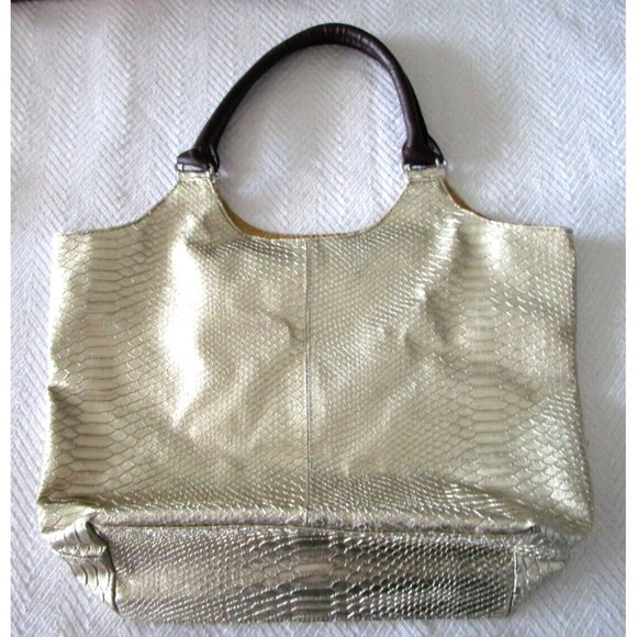 Neiman Marcus Tote-Large Shiny Gold Metallic Faux Snake Skin-Carry All Purse Bag - Picture 2 of 16